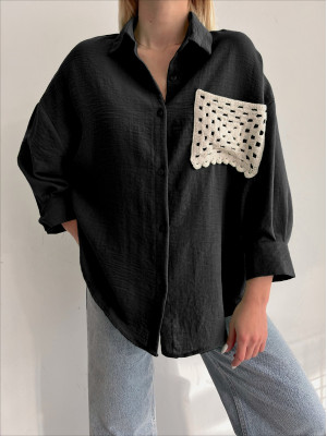 Knitted Pocket Poor Sleeve Loose Shirt -Black