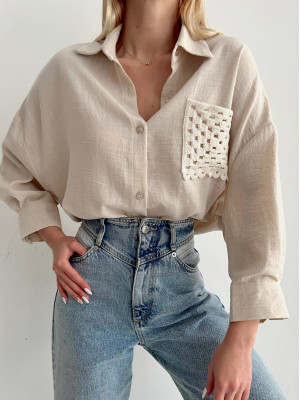 Knitted Pocket Poor Sleeve Loose Shirt -Stone
