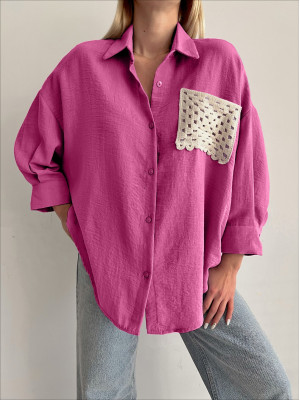 Knitted Pocket Poor Sleeve Loose Shirt -Fuchsia