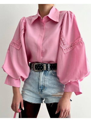 Balloon Sleeve Cuffed Shirt -Pink
