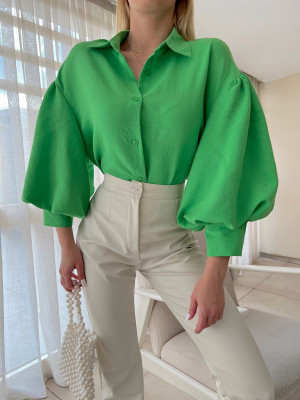 Balon Kol Astarlı Düğmeli Gömlek Bluz -F.Yeşili