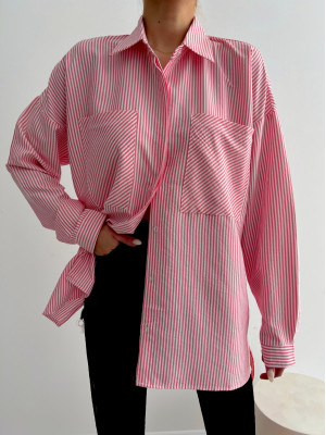 Striped Double Pocket Long Back Shirt -Pink