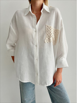 Knitted Pocket Poor Sleeve Loose Shirt -White