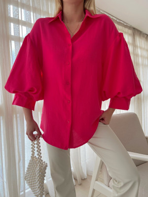 Balloon Sleeve Lined Buttoned Shirt Blouse -Fuchsia