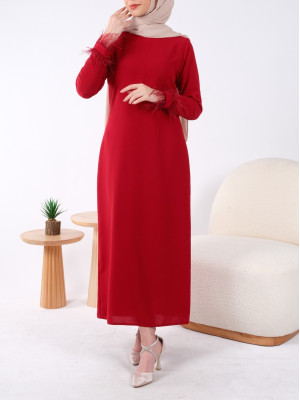 Kolları Tüy Detaylı Kalem Elbise -Kırmızı