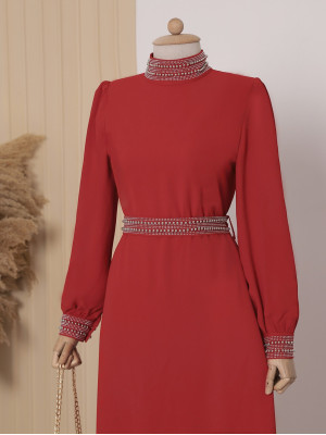 Collar and Sleeves Embellished Belt Dress -Red