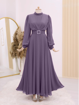 Belted Stone Front Pleated Hijab Dress   -Cherry Color
