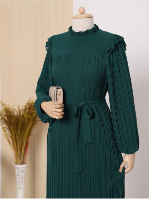 Front Robe Sleeves and Body Pleated Dress  -Emerald