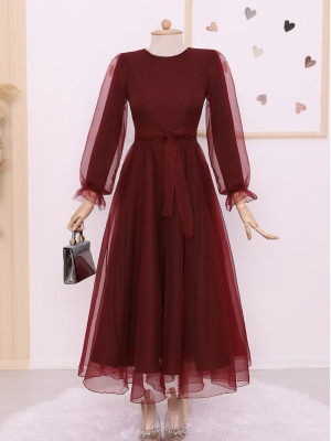 Belted Tulle Evening Dress with Fluffy Sleeves and Skirt -Maroon