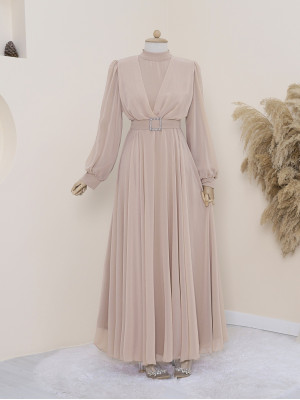 Belted Stone Front Pleated Hijab Dress -Mink color