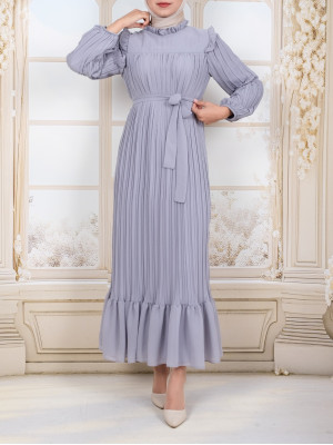 Front Robe Sleeves and Body Pleated Dress      -Grey