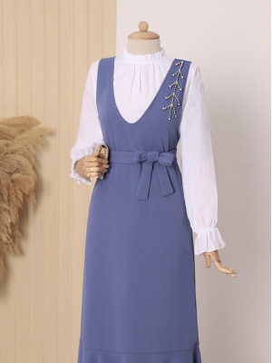 Collar Stony Belted Skirt Frilly Gilet -İndigo