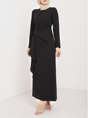 Önü Allerli Eteği Asimetrik Krep Elbise -Siyah