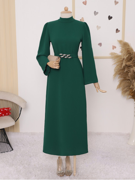 Crepe Dress With Chain Belt Waist -Emerald