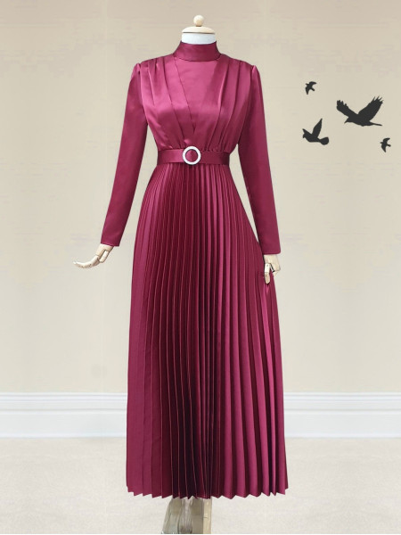 Ruched Collar Pleated Evening Dress with Front Shirring Detail -Maroon