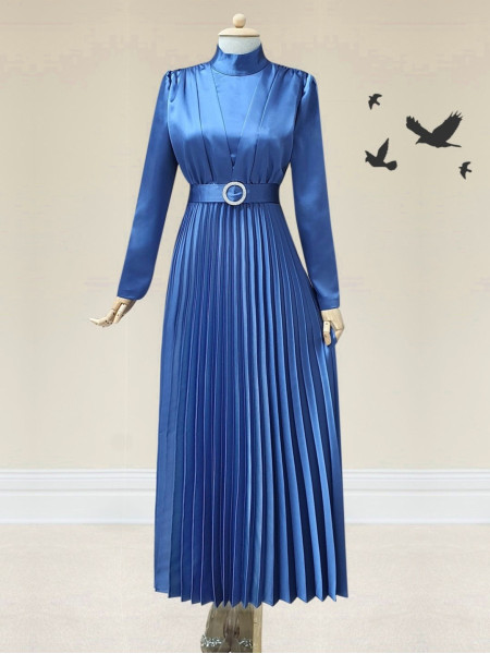 Ruched Collar Pleated Evening Dress with Front Shirring Detail -Saxe 