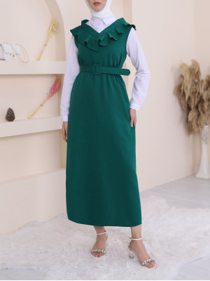 V Neck Long Gilet Dress      -Emerald
