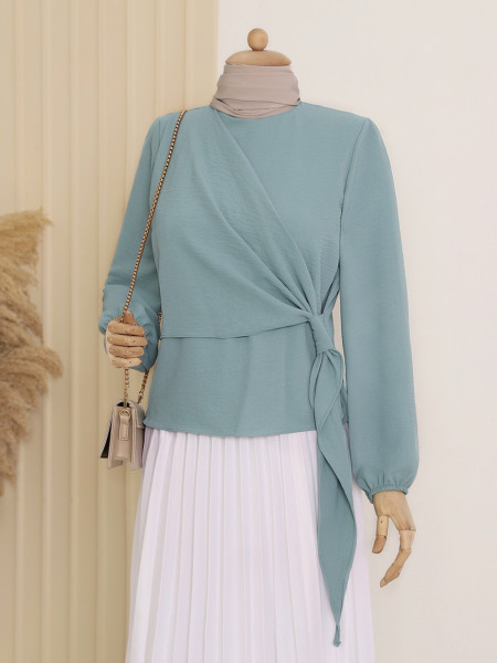 Wrapped Side Tie Sleeves Elastic Blouse  -Sea green