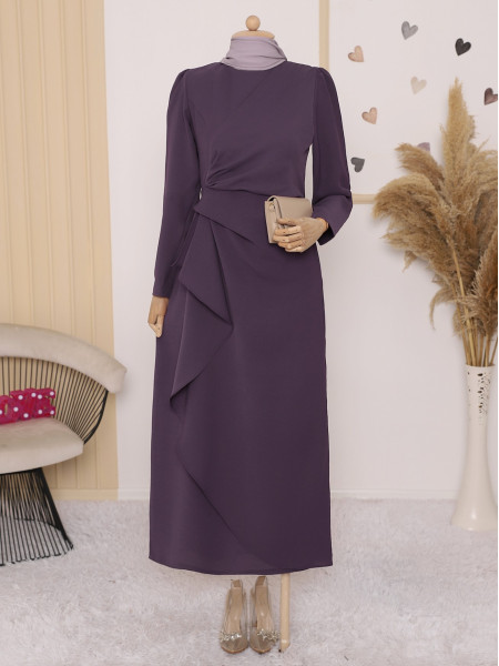 Asymmetrical Crepe Dress with Front Allery Skirt    - Purple
