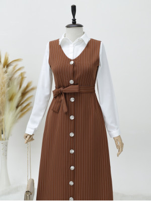 Buttoned Belted Striped Gilet -Brown