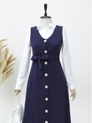 Buttoned Belted Striped Gilet -Navy blue