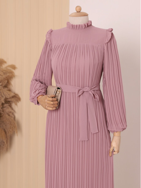 Front Robe Sleeves and Body Pleated Dress    -Powder