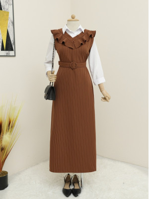 Striped Belted Gilet Dress with Frilly Collar -Brown