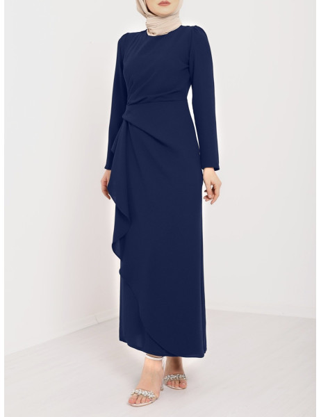 Asymmetrical Crepe Dress with Front Allery Skirt   -Navy blue