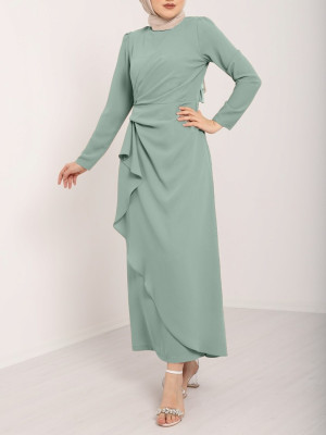 Asymmetrical Crepe Dress with Front Allery Skirt    -Mint Color