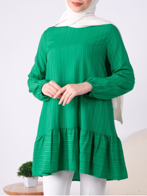 Frill Detailed Striped Sleeve Elastic Linen Tunic -Green