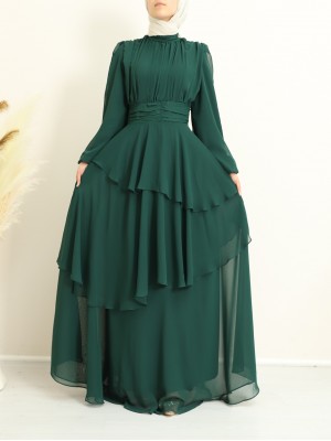 Layered Chiffon Dress with Gathered Skirt and Robe -Emerald