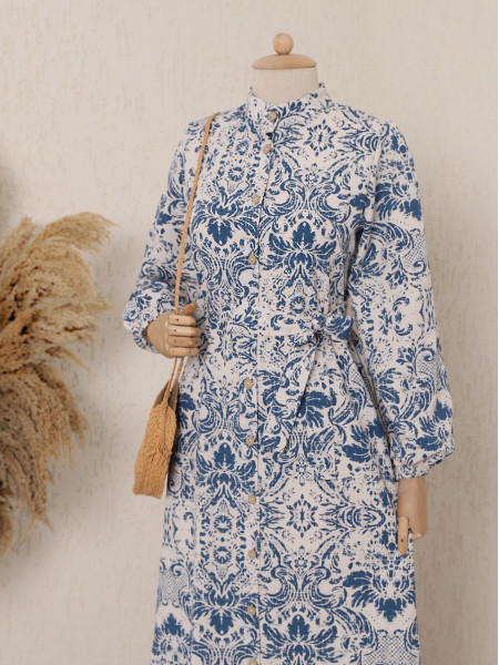 Ethnic Pattern Skirt Frilly Linen Dress -İndigo