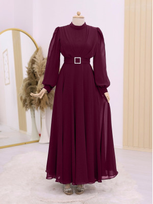 Belted Stone Front Pleated Hijab Dress  -Maroon