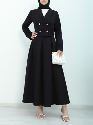 Pearl Button Skirt Jacket Set -Black