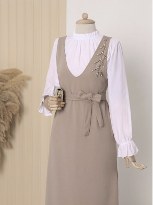 Collar Stony Belted Skirt Frilly Gilet -Mink color