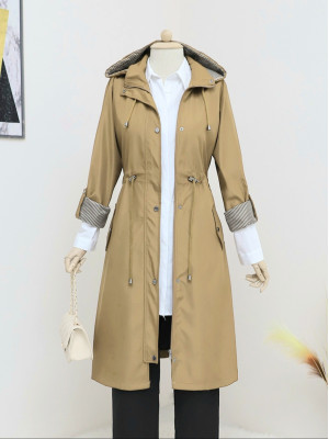 Lace-Up Trench Coat with Detachable Hood -Cinnamon