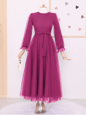 Belted Tulle Evening Dress with Fluffy Sleeves and Skirt   -Fuchsia