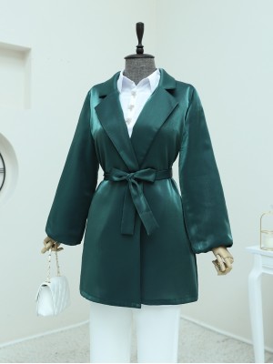 Lace-Up Satin Jacket with Flounce Sleeves -Emerald