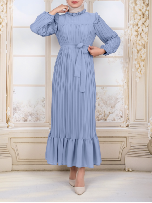 Front Robe Sleeves and Body Pleated Dress  -Light blue