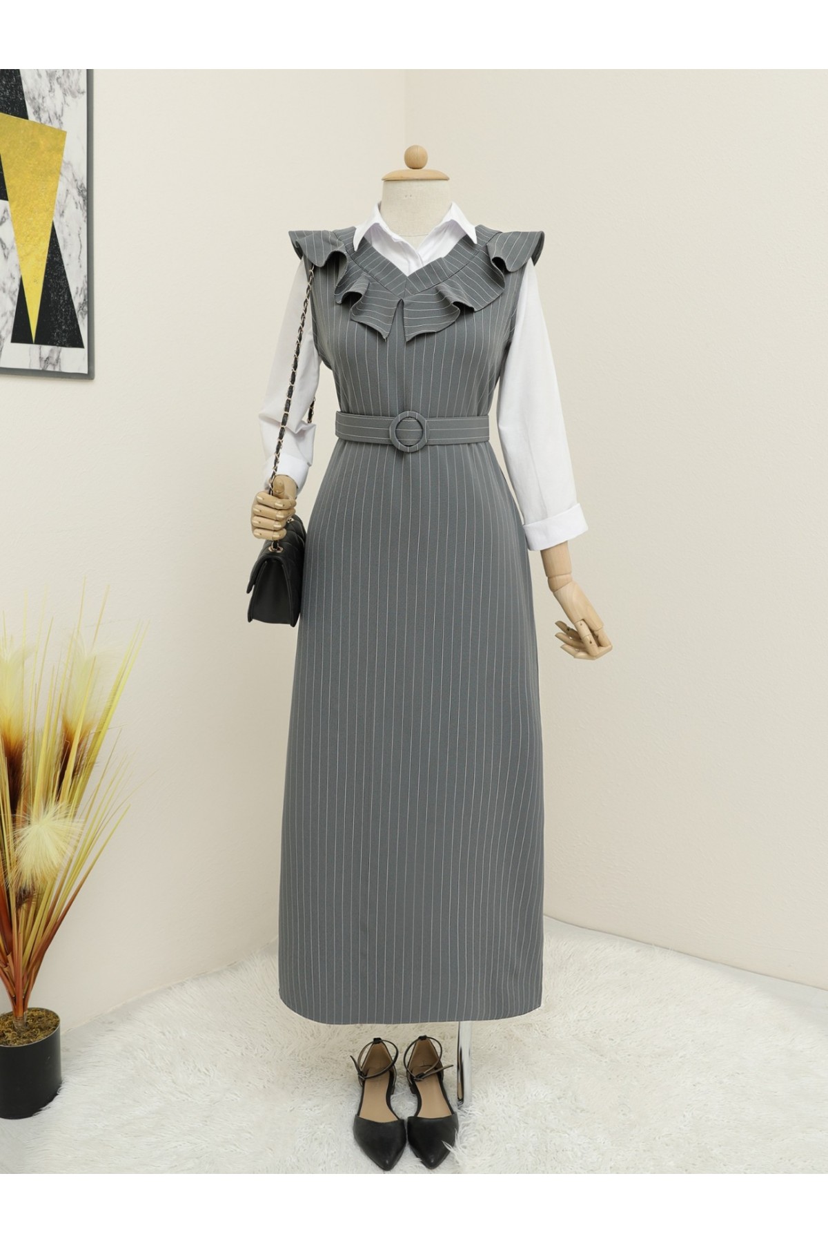 Striped Belted Gilet Dress with Frilly Collar