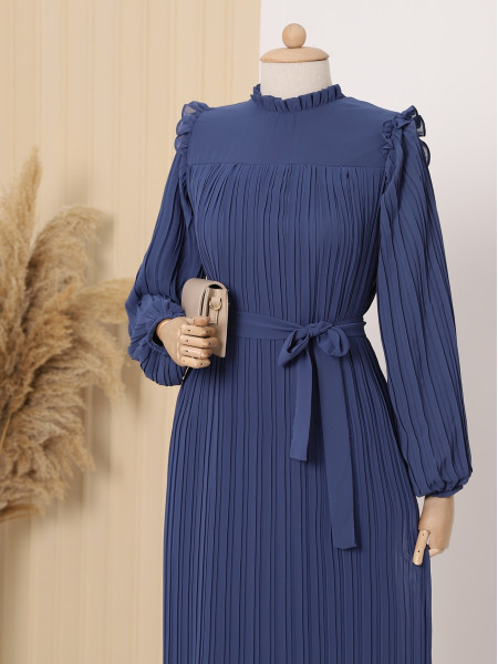 Front Robe Sleeves and Body Pleated Dress   -İndigo