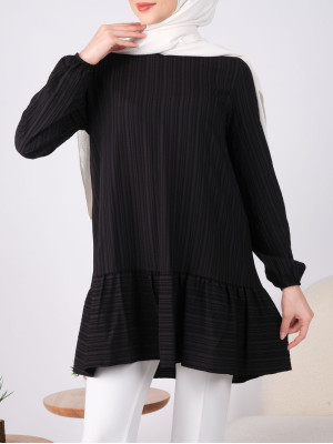 Frill Detailed Striped Sleeve Elastic Linen Tunic -Black