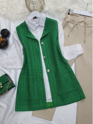 Lined Pocket Buttoned Şanel Vest -Green