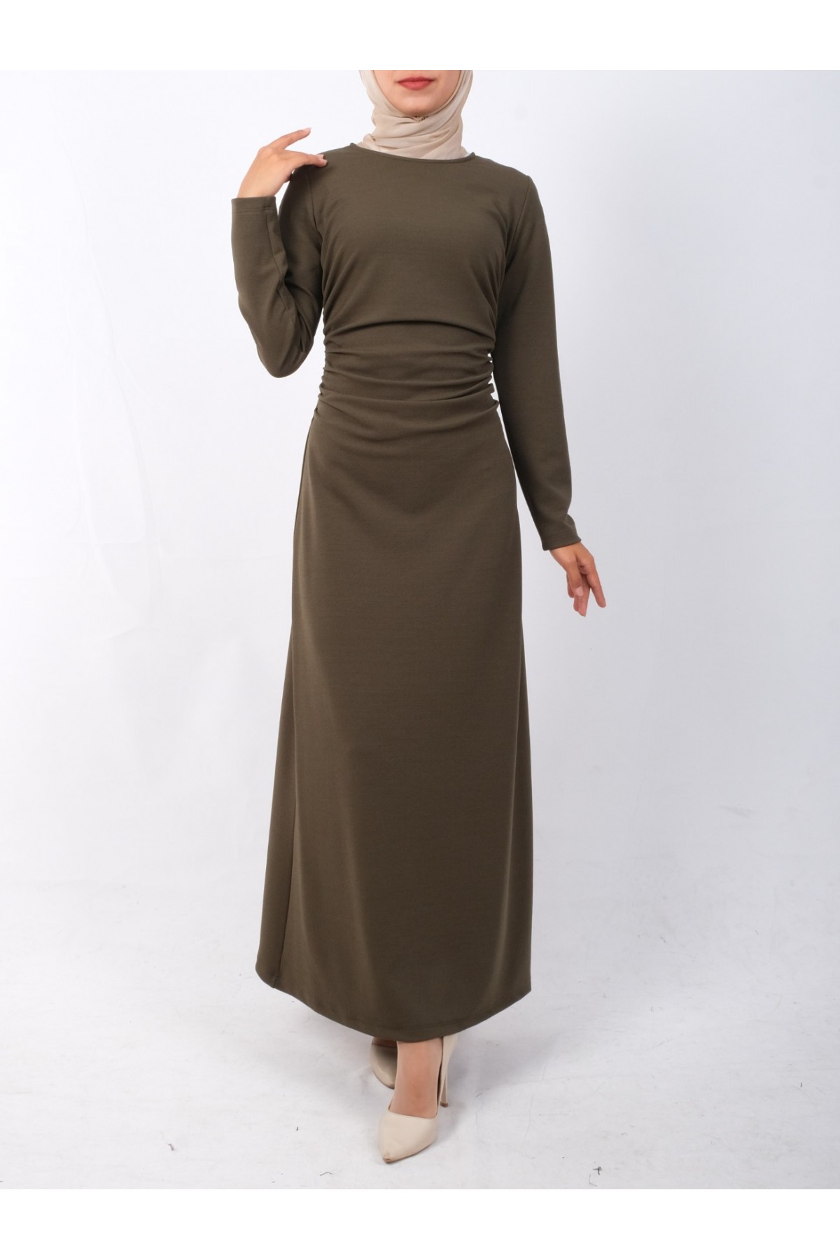 Waist Pleated Knitted Crepe Lycra Dress -Khaki detay görseli