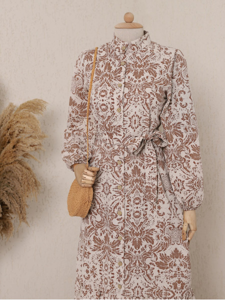 Ethnic Pattern Skirt Frilly Linen Dress -Mink color