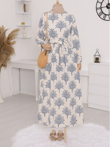 Belted Elastic Waist Printed Linen Dress -İndigo