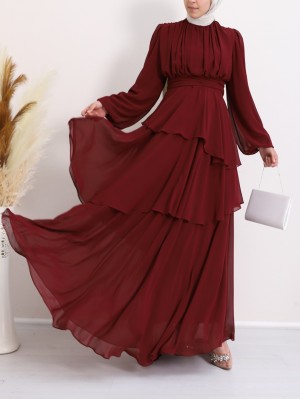 فستان شيفون متعدد الطبقات مع تنورة ورداء -بوردو