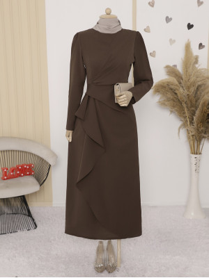 Asymmetrical Crepe Dress with Front Allery Skirt   -Brown