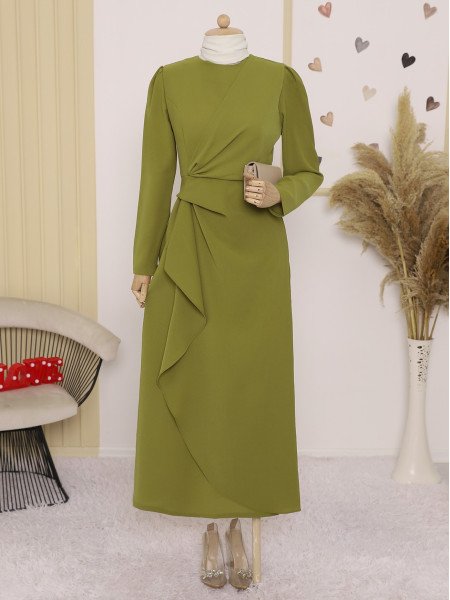 Asymmetrical Crepe Dress with Front Allery Skirt   -Olive