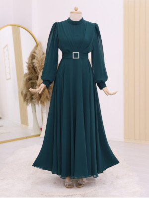 Belted Stone Front Pleated Hijab Dress -Emerald